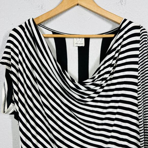 Ella Moss Scoop Neck Draped Tunic Top Jersey Stripe Black White - M - Picture 2 of 4